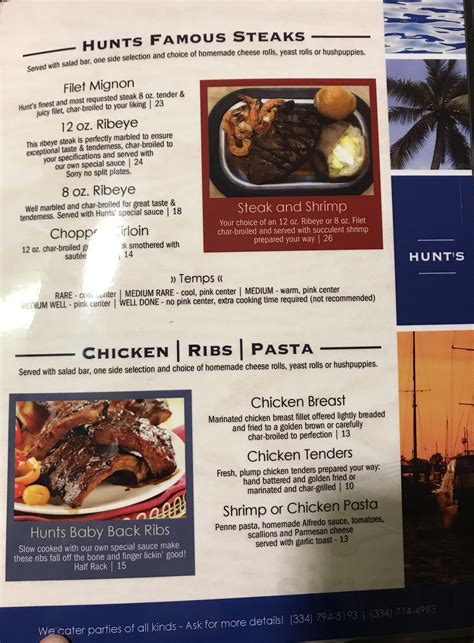 Hunts seafood - The food is amazing! Best oysters in Panama City Beach. I have tried and love the crab claws fried and sauté, whole flounder, crab cakes, okra, French fries, salad, onion rings, fried shrimp, seafood plater, catfish, crab legs, oyster any baked and fried and Carmel pie!